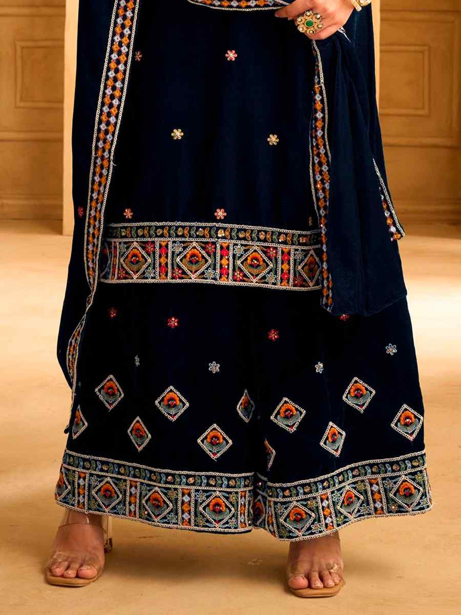 Blue Velvet Embroidered Festival Casual Ready Palazzo Pant Salwar Kameez