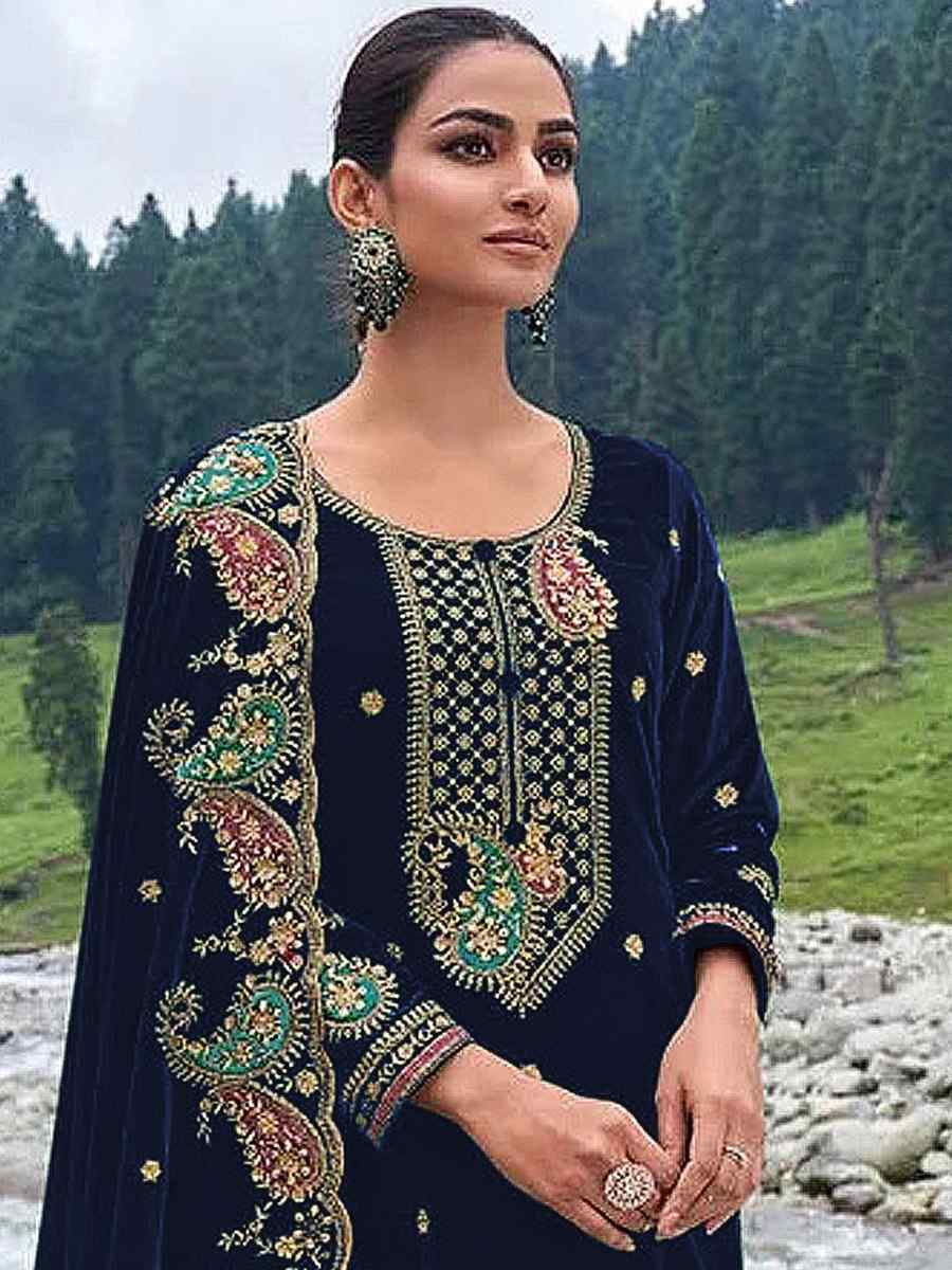 Blue Velvet Embroidered Festival Mehendi Pant Salwar Kameez