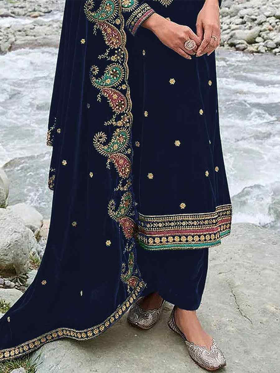 Blue Velvet Embroidered Festival Mehendi Pant Salwar Kameez