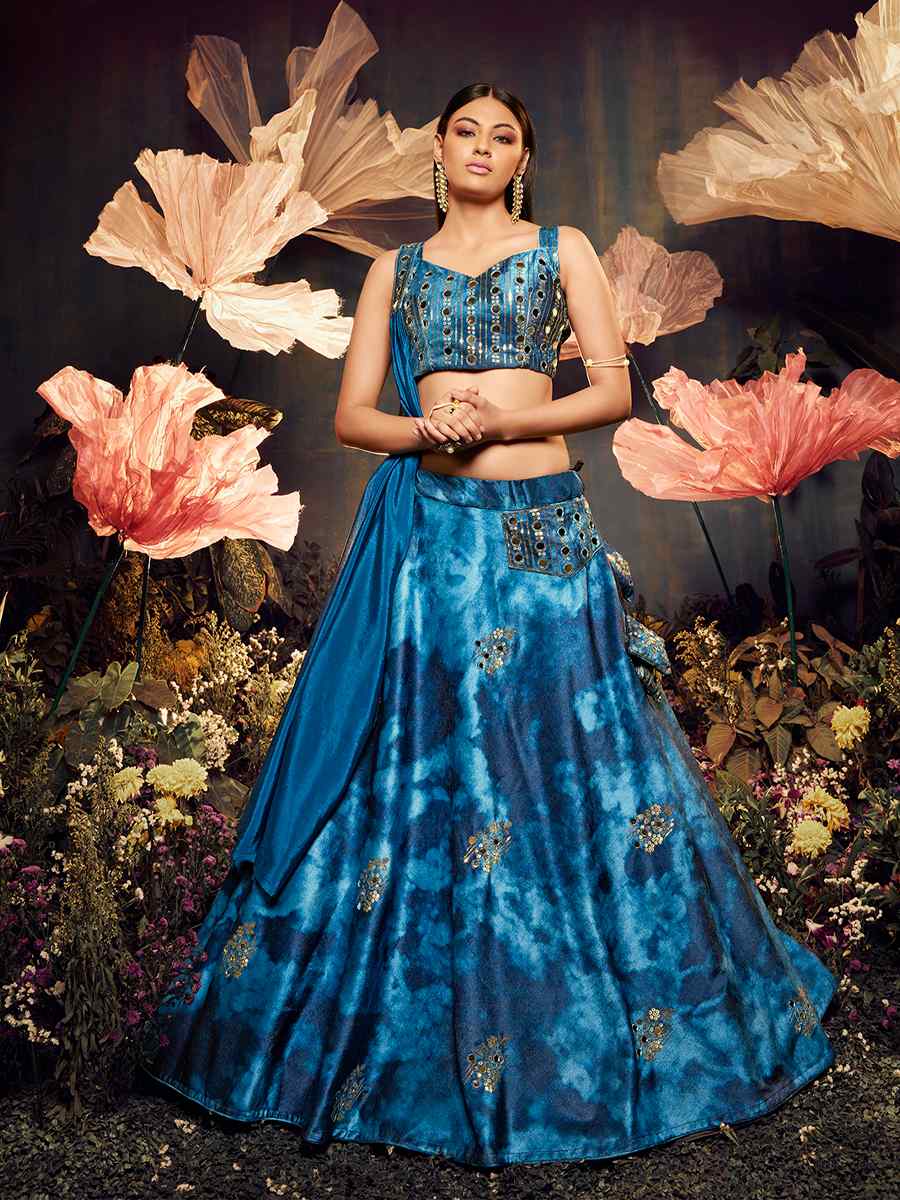 Blue Velvet Embroidered Festival Party Wear Circular Lehenga Choli