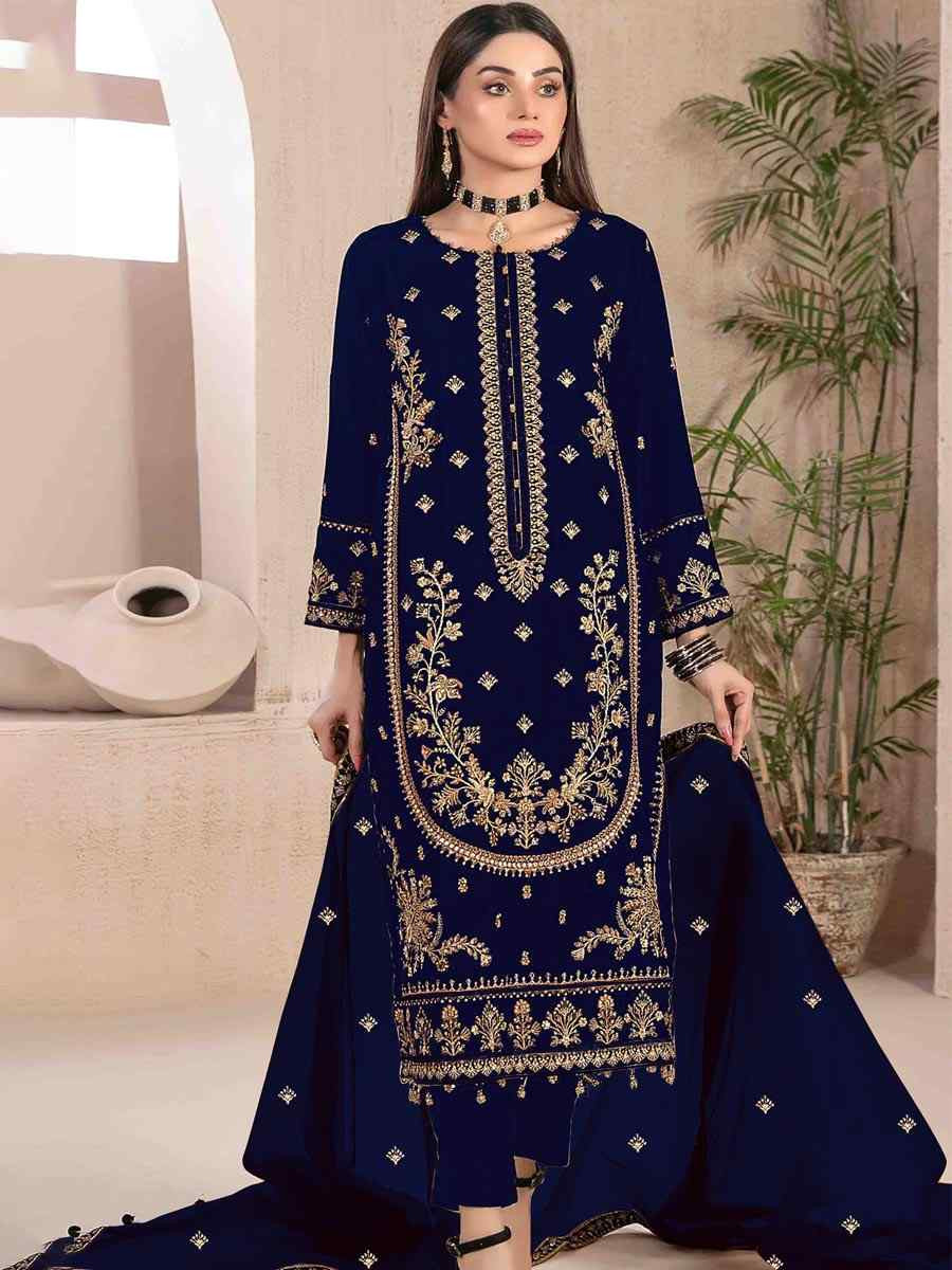 Blue Velvet Embroidered Festival Wedding Pant Salwar Kameez