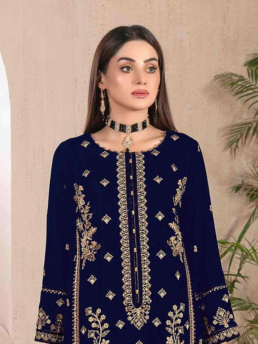 Blue Velvet Embroidered Festival Wedding Pant Salwar Kameez