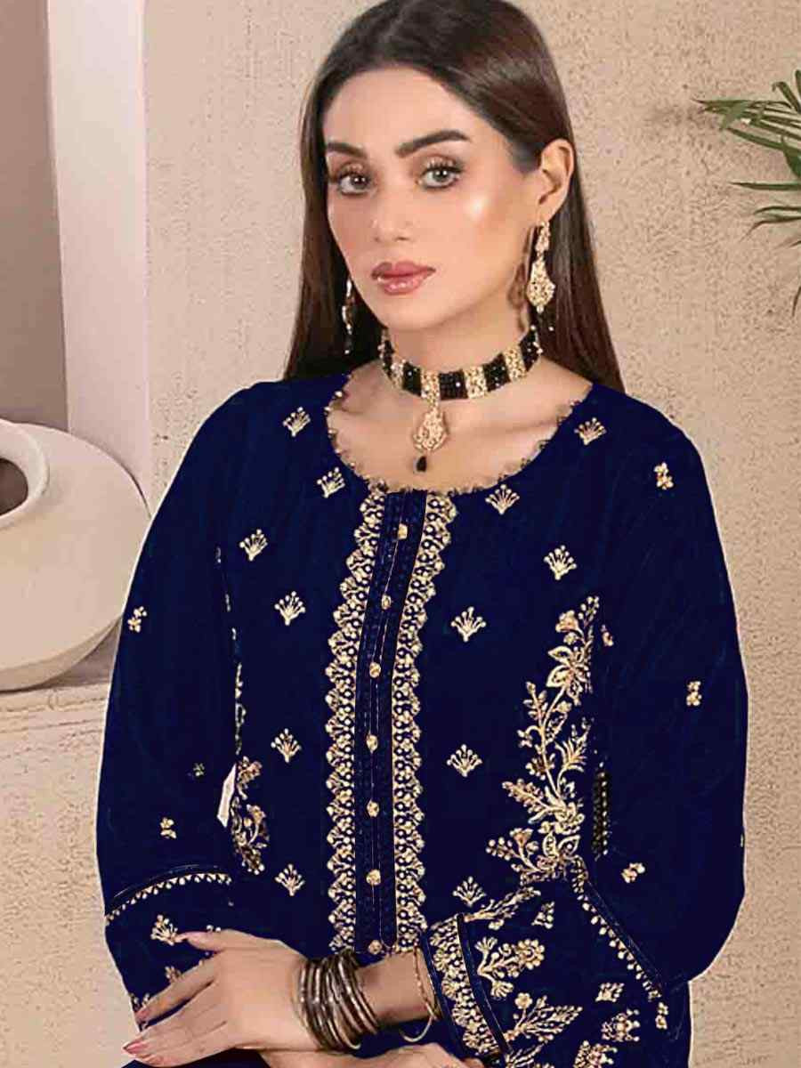 Blue Velvet Embroidered Festival Wedding Pant Salwar Kameez