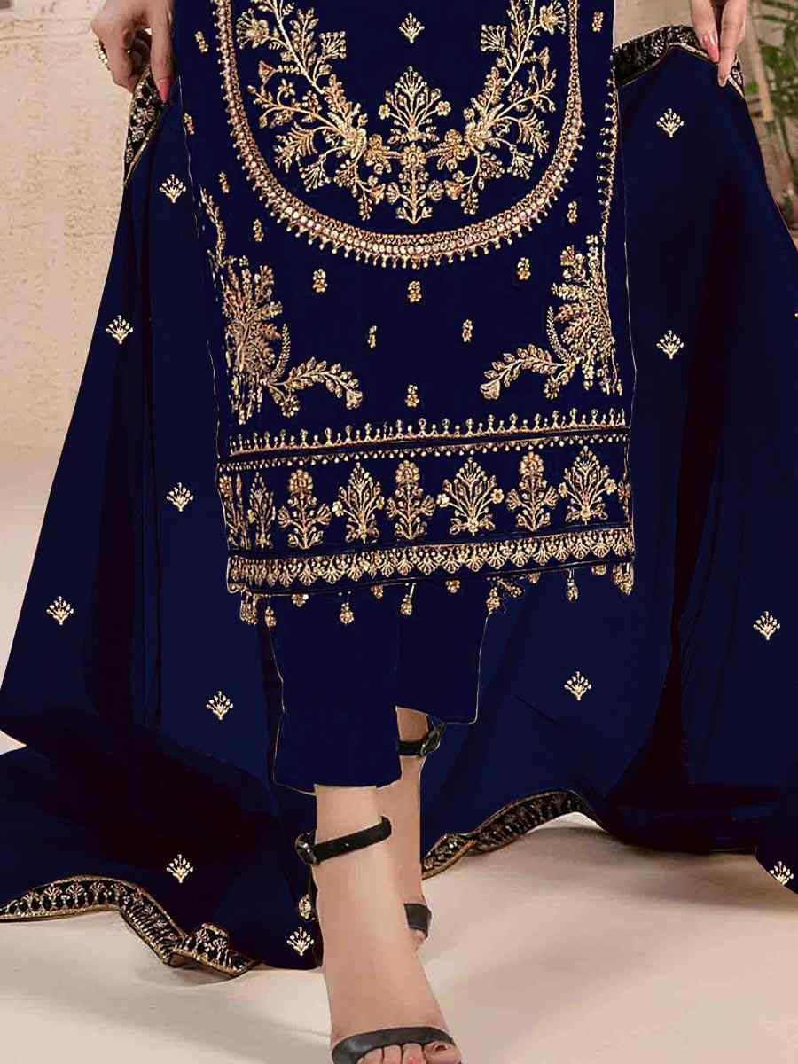 Blue Velvet Embroidered Festival Wedding Pant Salwar Kameez