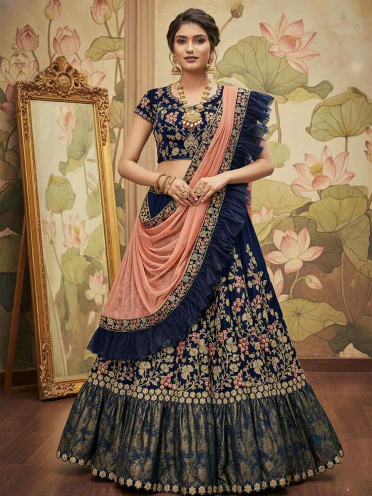 Image of Blue Velvet Embroidered Wedding Reception Festival Heavy Border Lehenga Choli