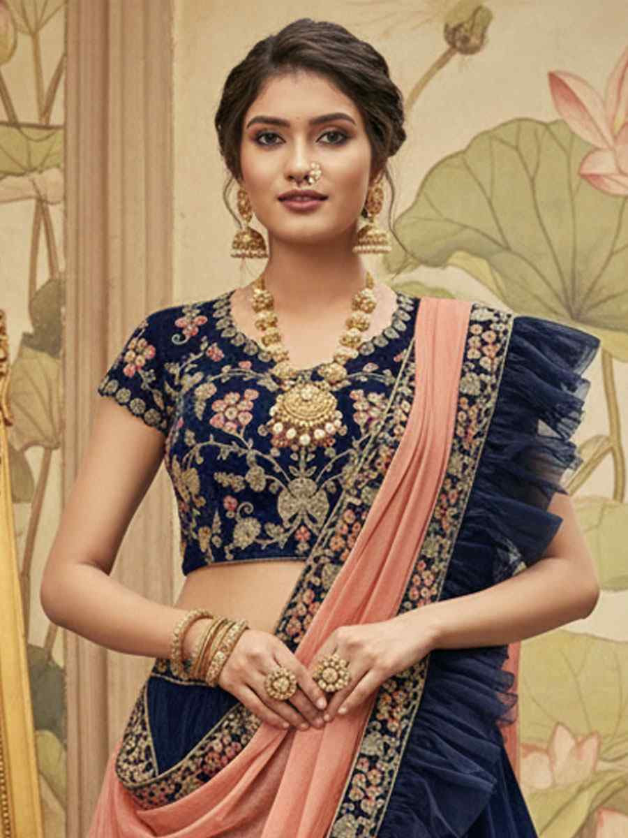 Blue Velvet Embroidered Wedding Reception Festival Heavy Border Lehenga Choli