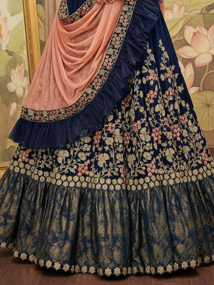 Blue Velvet Embroidered Wedding Reception Festival Heavy Border Lehenga Choli