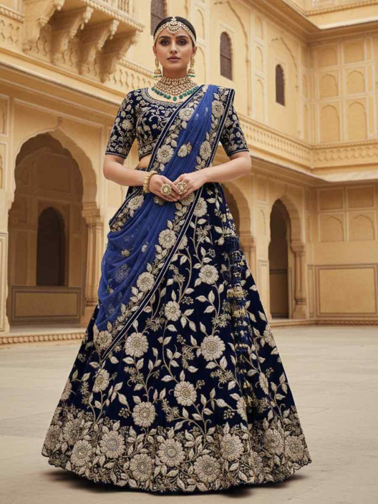 Image of Blue Velvet Embroidered Wedding Reception Festival Heavy Border Lehenga Choli