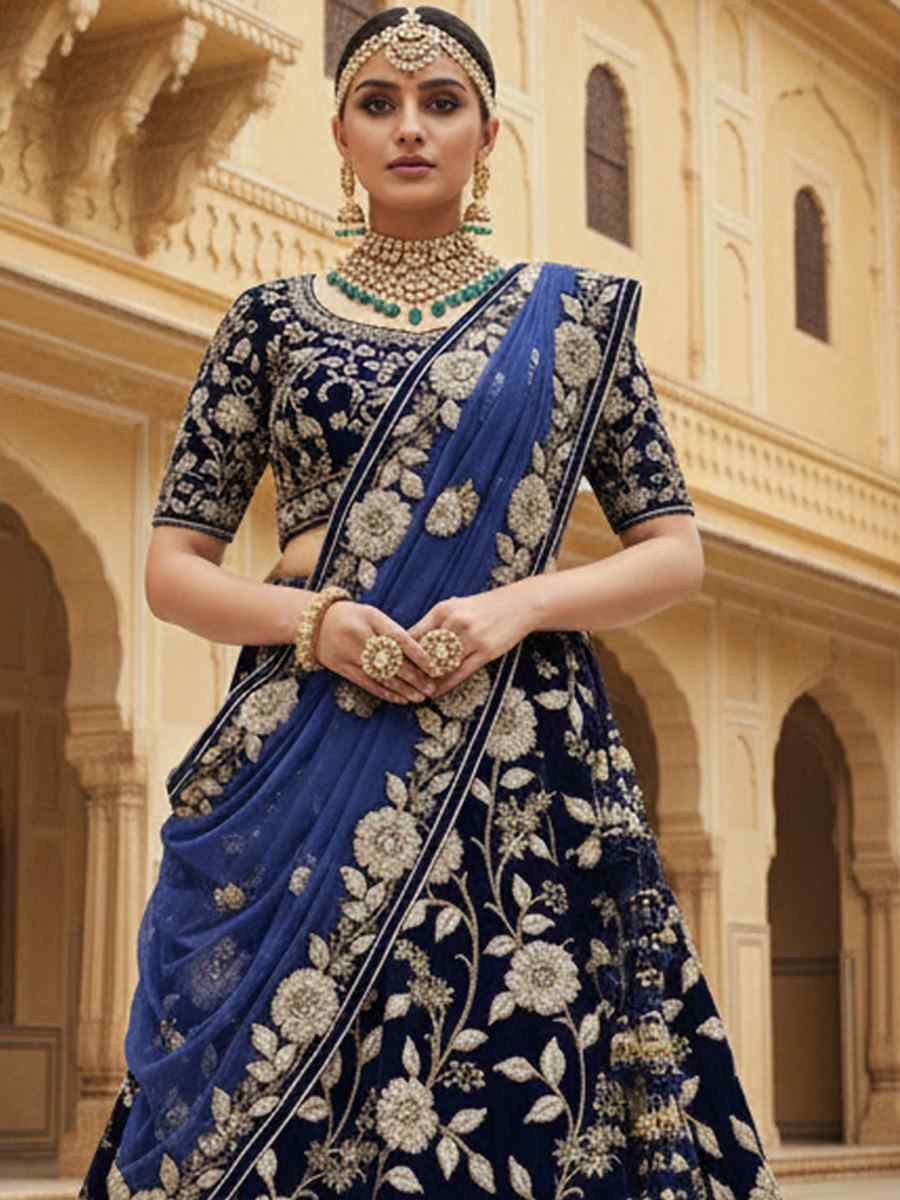 Blue Velvet Embroidered Wedding Reception Festival Heavy Border Lehenga Choli