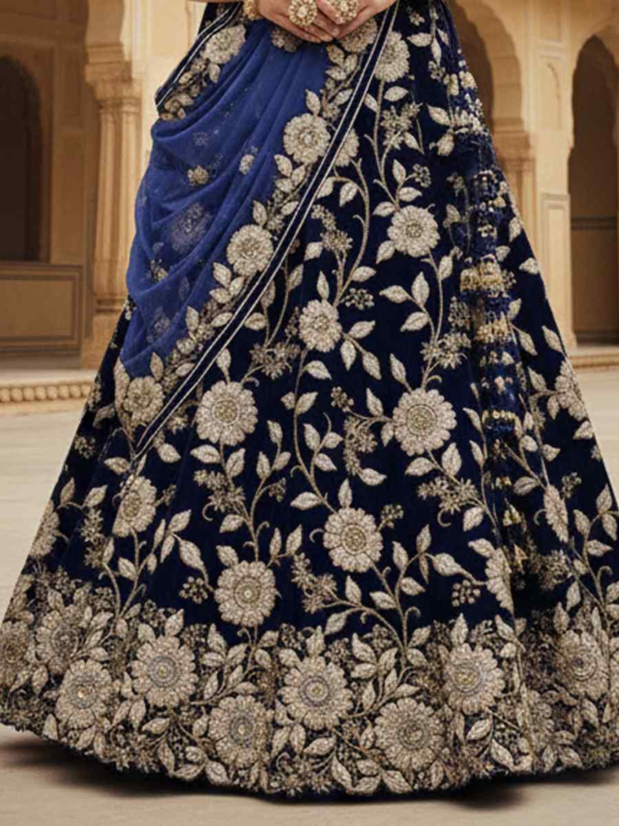 Blue Velvet Embroidered Wedding Reception Festival Heavy Border Lehenga Choli