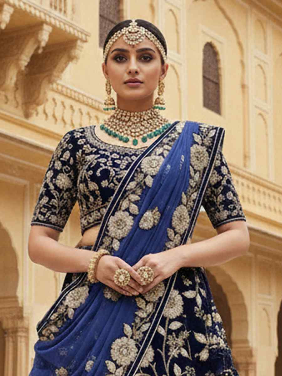 Blue Velvet Embroidered Wedding Reception Festival Heavy Border Lehenga Choli