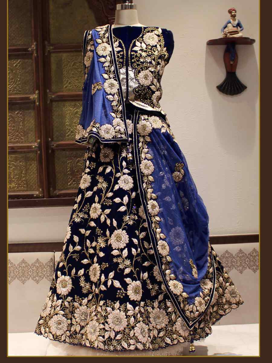 Blue Velvet Embroidered Wedding Reception Festival Heavy Border Lehenga Choli
