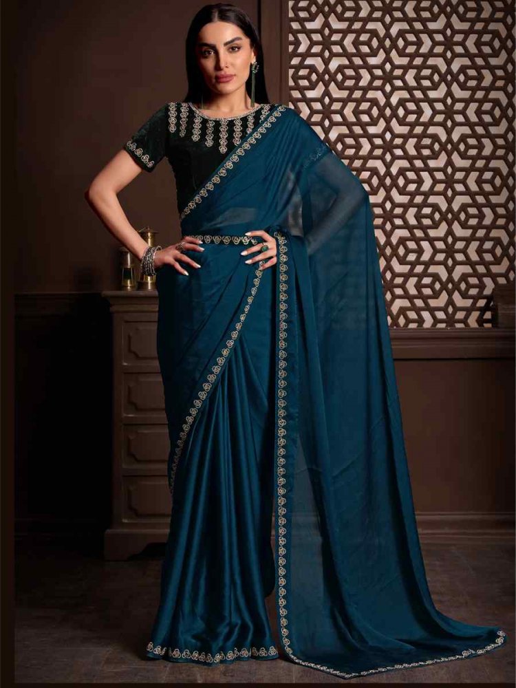 Blue Velvet Handwoven Party Festival Classic Style Saree