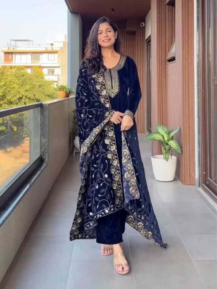 Image of Blue Velvet Plain with Embroidery Party Wedding Festival Casual Ready Pant Salwar Kameez