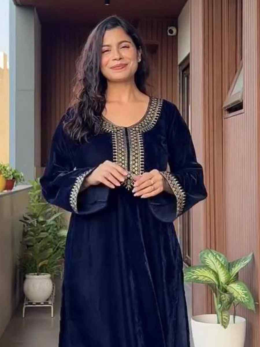 Blue Velvet Plain with Embroidery Party Wedding Festival Casual Ready Pant Salwar Kameez