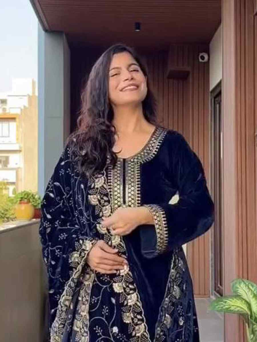 Blue Velvet Plain with Embroidery Party Wedding Festival Casual Ready Pant Salwar Kameez