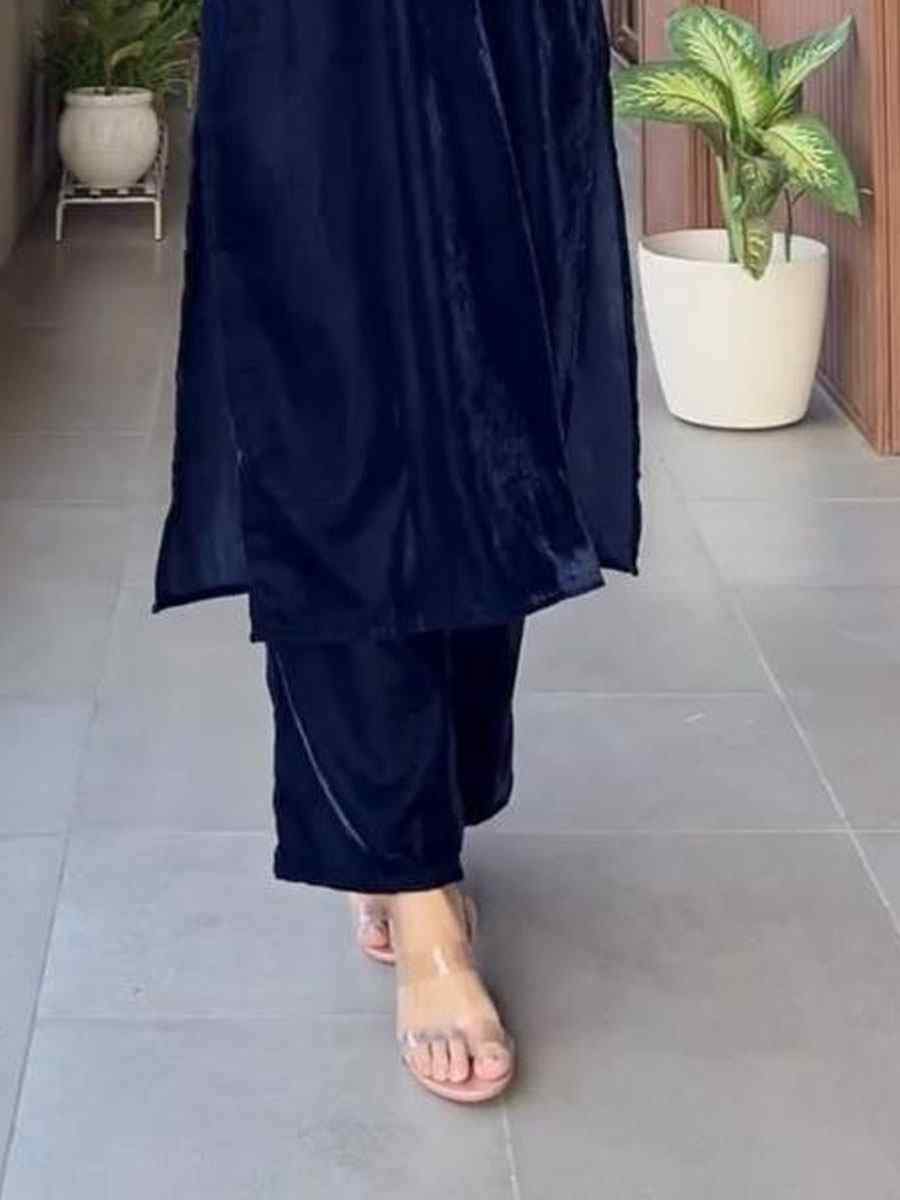 Blue Velvet Plain with Embroidery Party Wedding Festival Casual Ready Pant Salwar Kameez