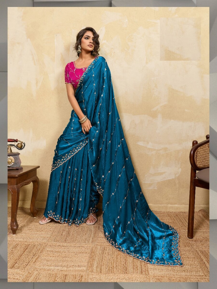 Image of Blue Velvet Satin Sequins Wedding Reception Festival Party Heavy Border Sarees