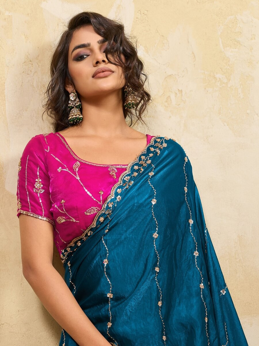 Blue Velvet Satin Sequins Wedding Reception Festival Party Heavy Border Sarees