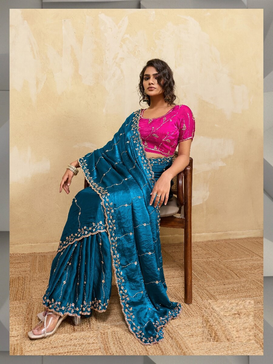 Blue Velvet Satin Sequins Wedding Reception Festival Party Heavy Border Sarees