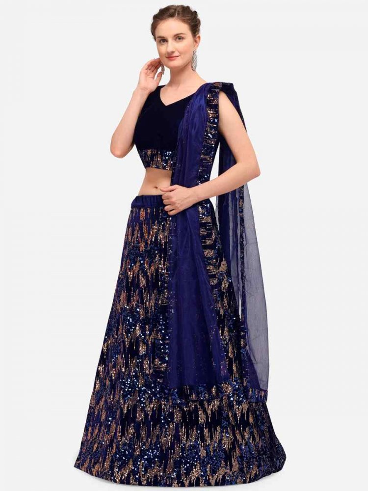 Blue Velvet Sequins Party Wear Cocktail Circular Lehenga Choli