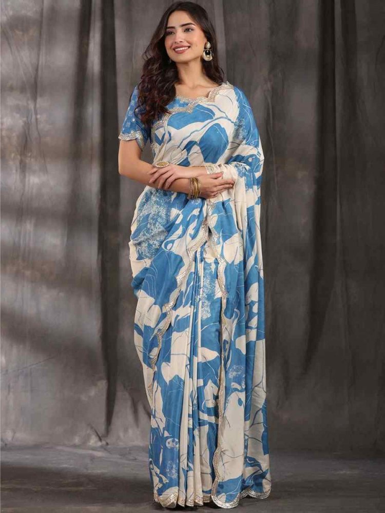 Blue Vichitra Silk  Printed Festival Casual Contemporary Saree