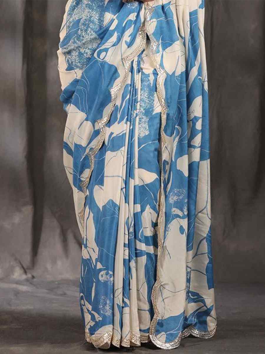 Blue Vichitra Silk  Printed Festival Casual Contemporary Saree