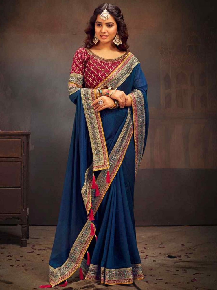 Blue Vichitra Silk Embroidered Bridesmaid Reception Heavy Border Saree
