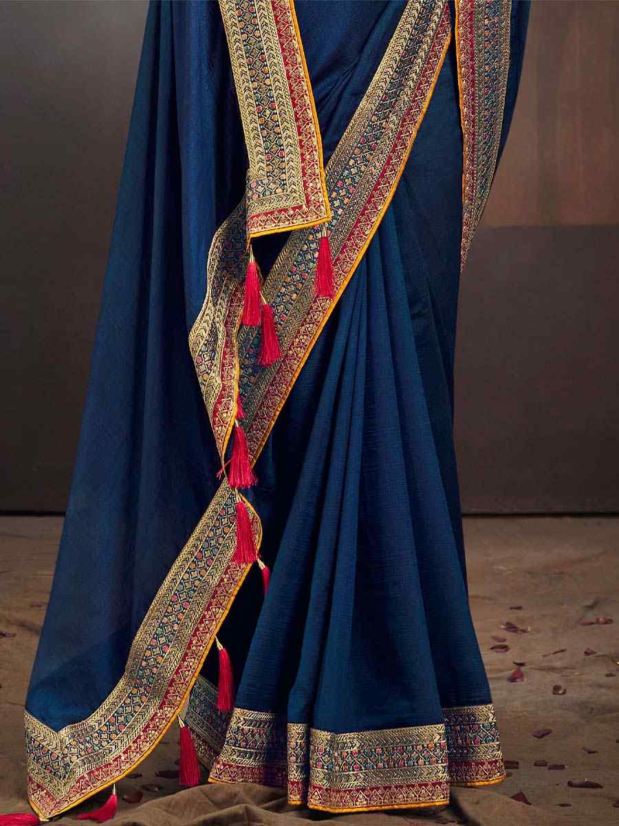 Blue Vichitra Silk Embroidered Bridesmaid Reception Heavy Border Saree