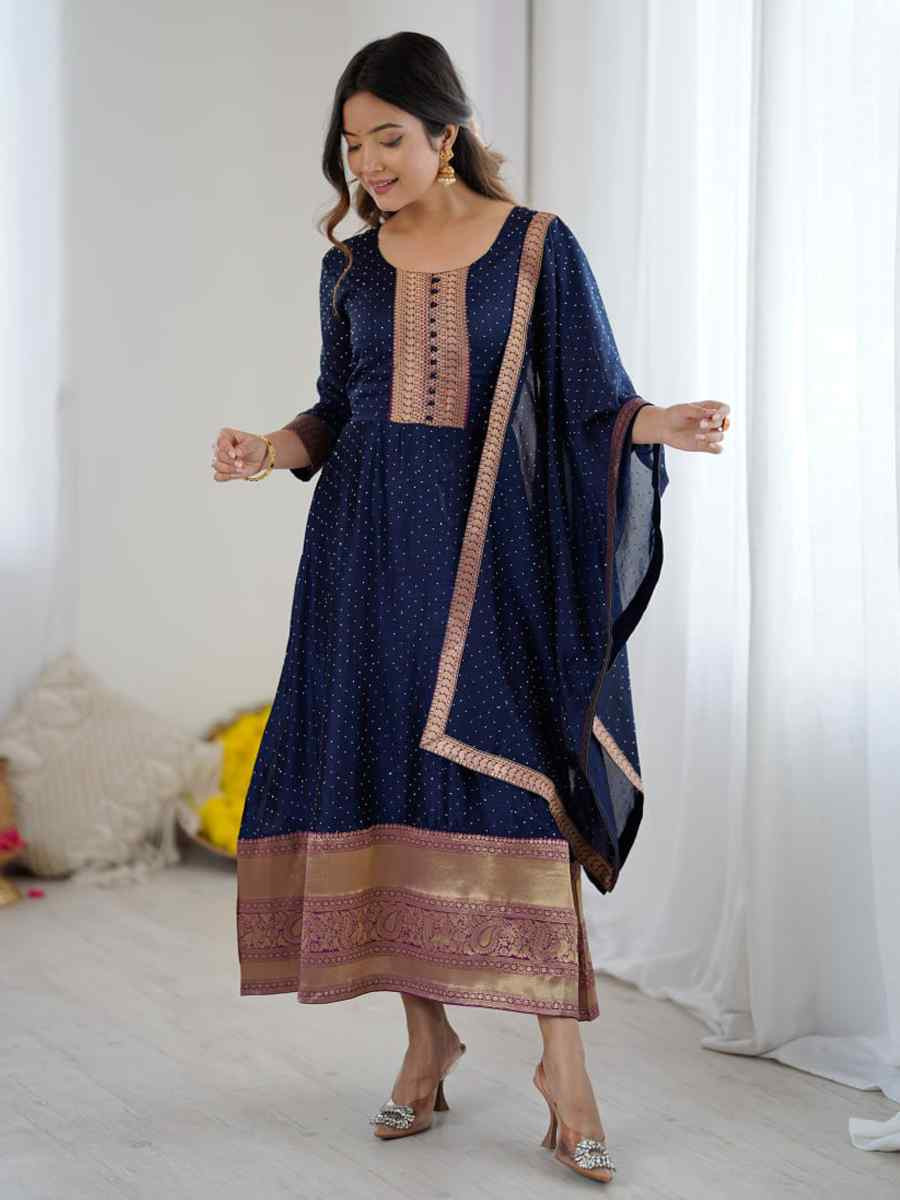 Blue Vichitra Silk Embroidered Festival Casual Gown Women Wear