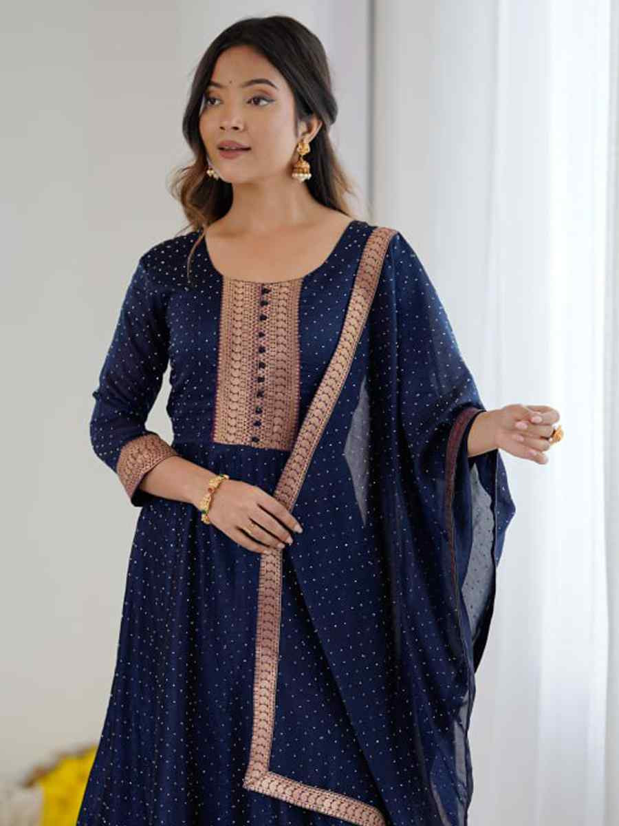 Blue Vichitra Silk Embroidered Festival Casual Gown Women Wear