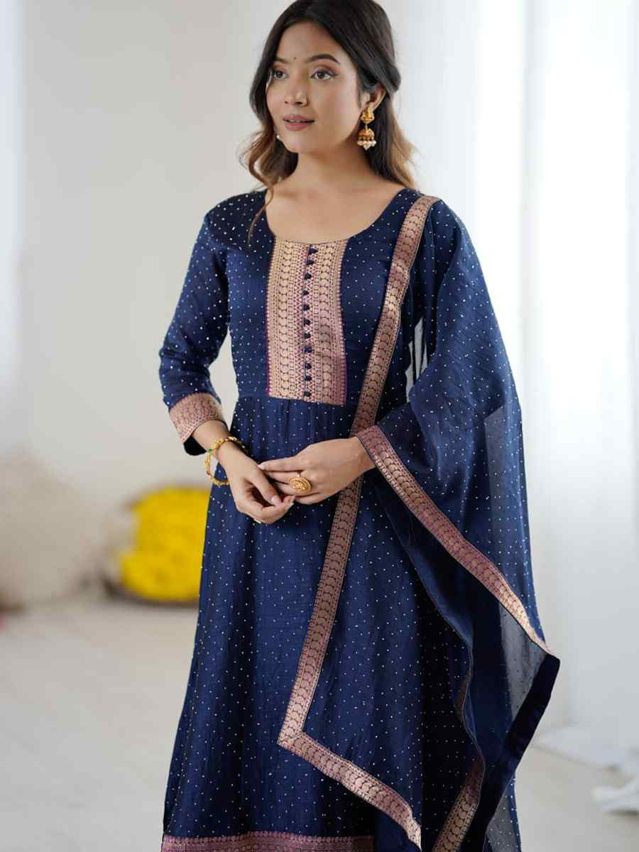 Blue Vichitra Silk Embroidered Festival Casual Gown Women Wear