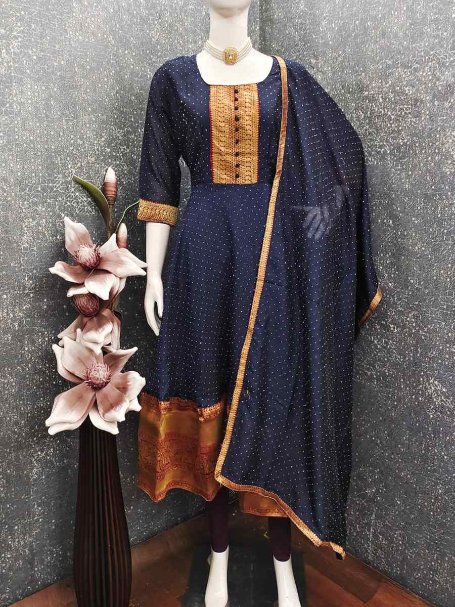 Blue Vichitra Silk Embroidered Festival Casual Gown Women Wear