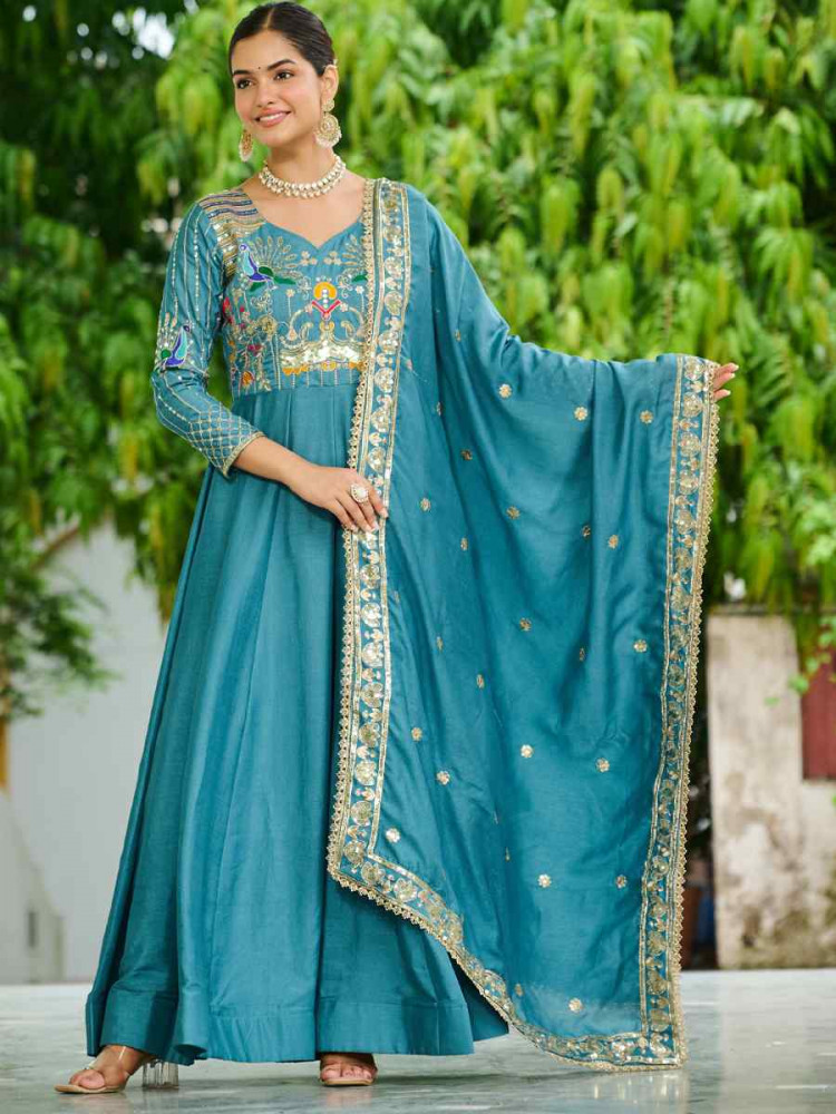Image of Blue Vichitra Silk Embroidered Festival Casual Gown Women Wear