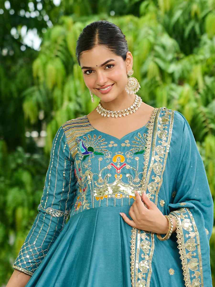 Blue Vichitra Silk Embroidered Festival Casual Gown Women Wear