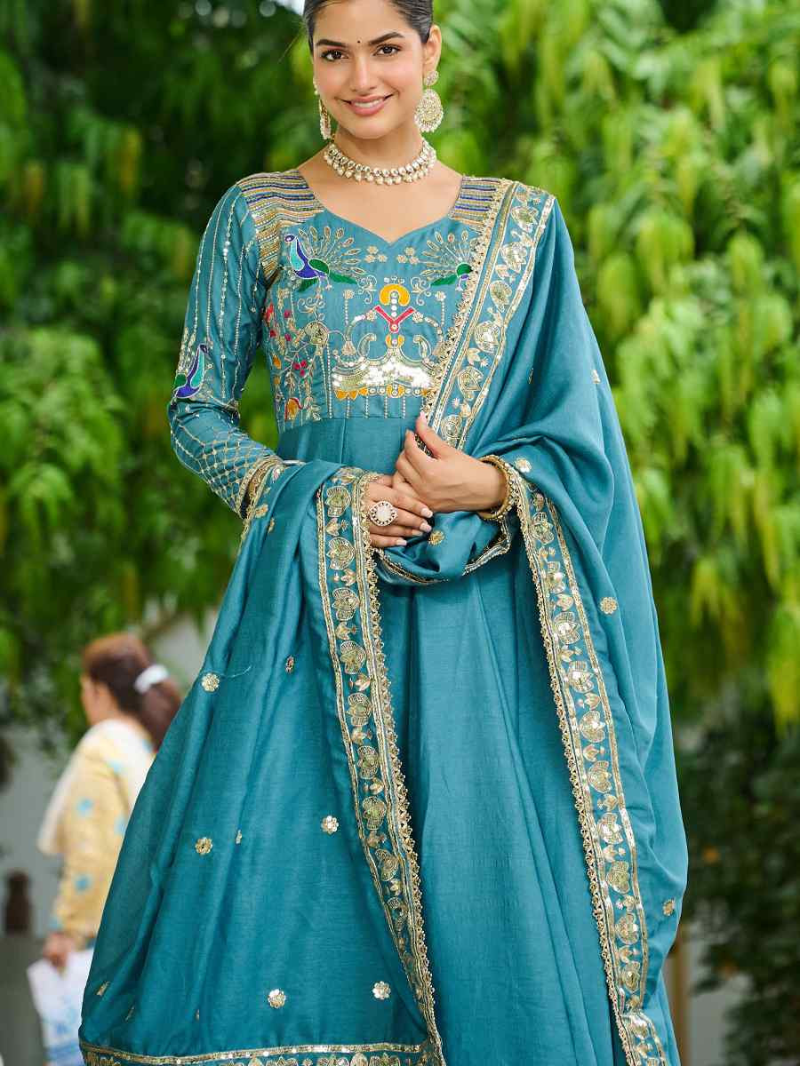 Blue Vichitra Silk Embroidered Festival Casual Gown Women Wear