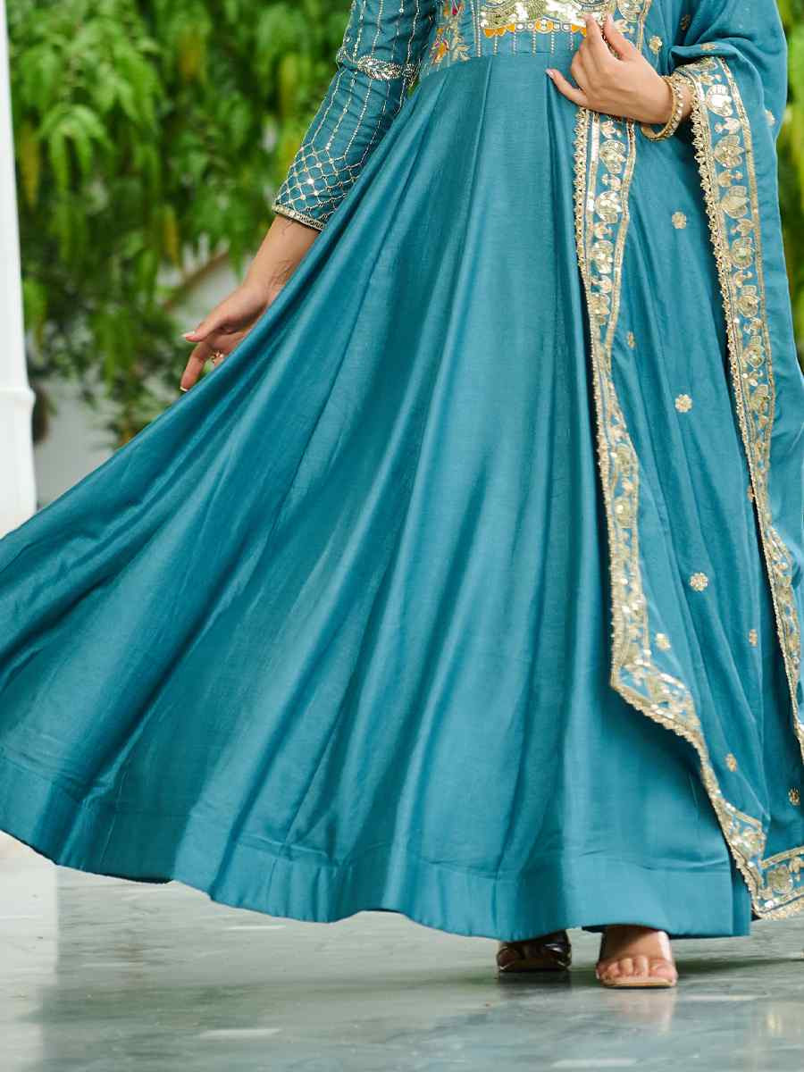 Blue Vichitra Silk Embroidered Festival Casual Gown Women Wear