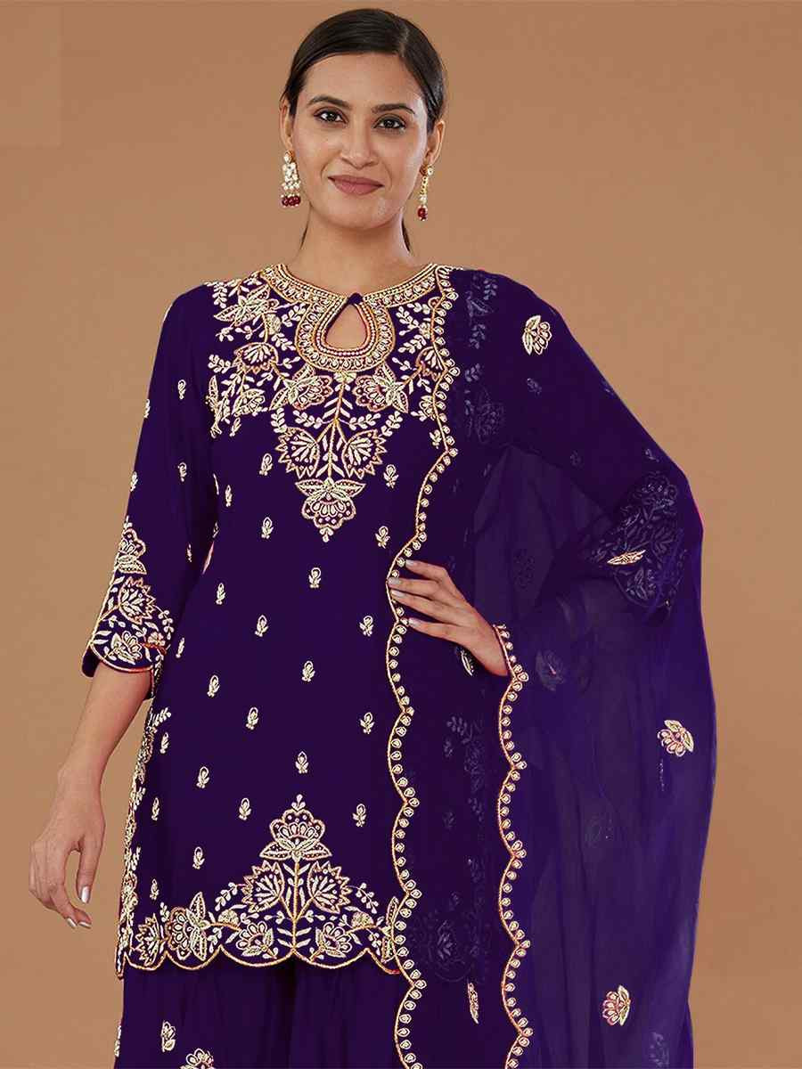 Blue Vichitra Silk Embroidered Festival Wedding Palazzo Pant Salwar Kameez