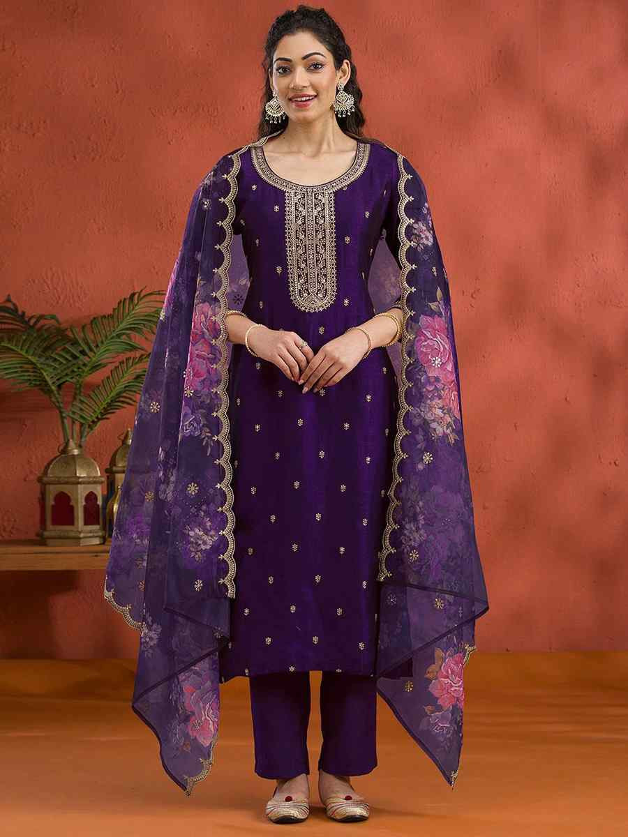 Blue Vichitra Silk Embroidered Festival Wedding Pant Salwar Kameez