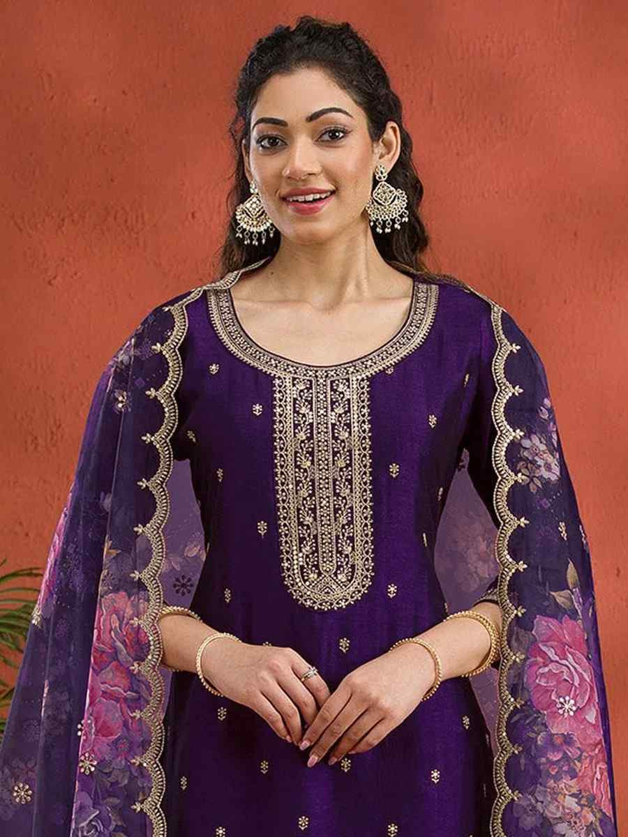 Blue Vichitra Silk Embroidered Festival Wedding Pant Salwar Kameez