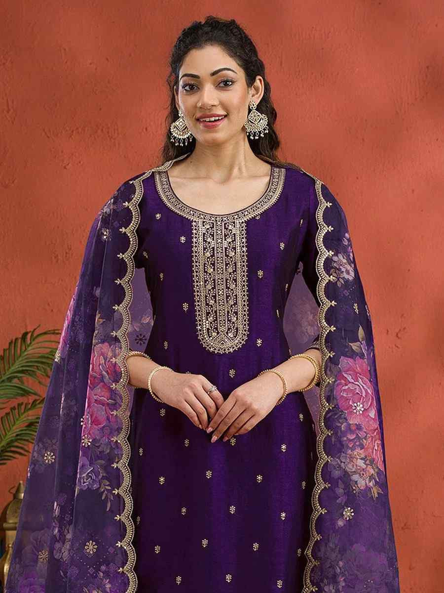 Blue Vichitra Silk Embroidered Festival Wedding Pant Salwar Kameez