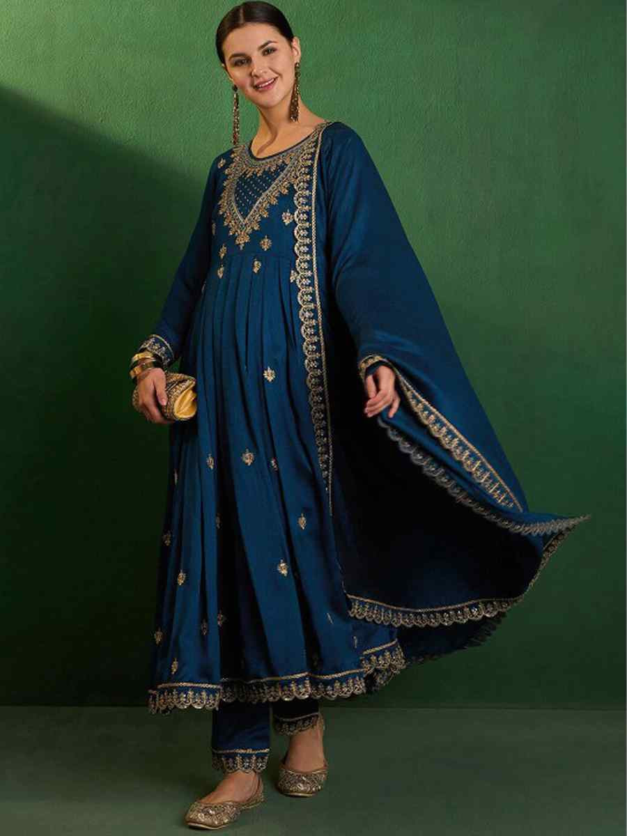 Blue Vichitra Silk Embroidered Mehendi Wedding Ready Anarkali Salwar Kameez