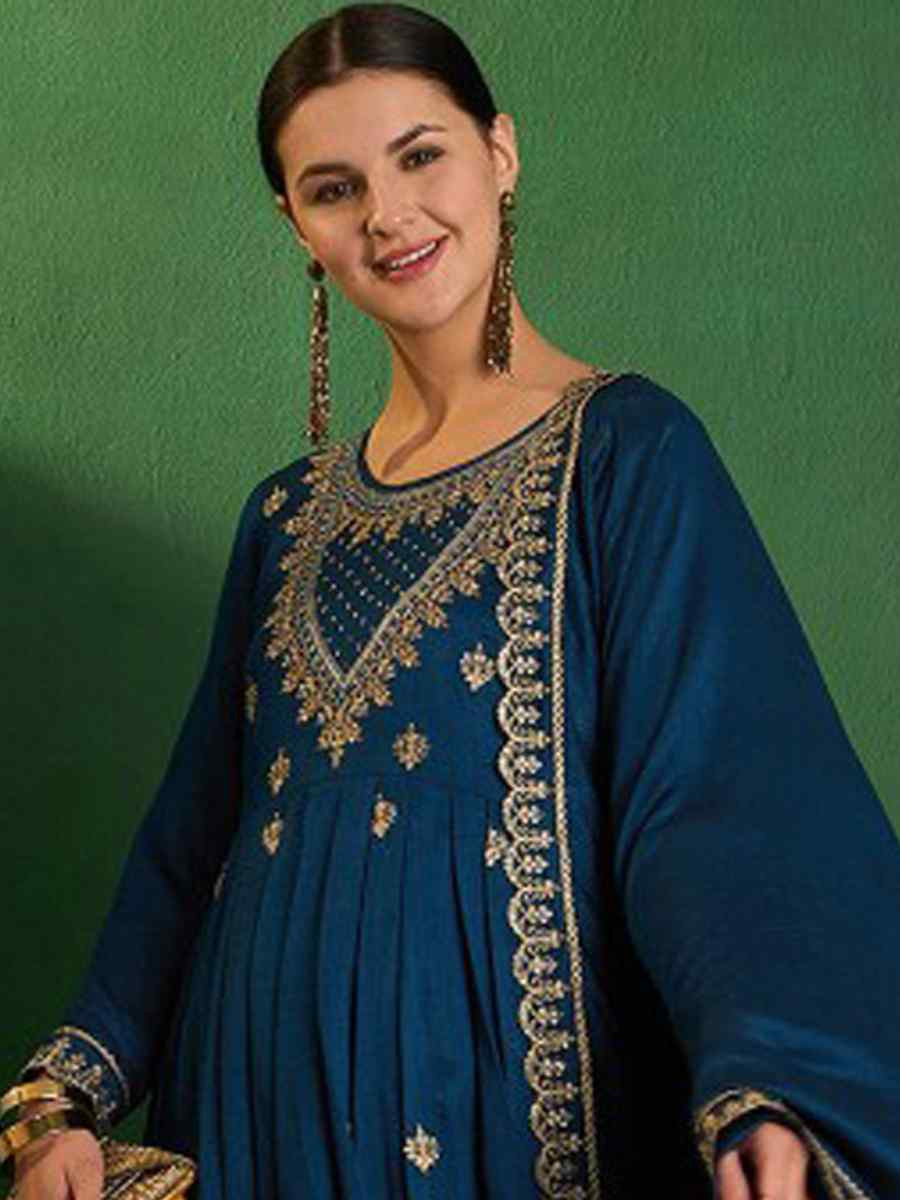 Blue Vichitra Silk Embroidered Mehendi Wedding Ready Anarkali Salwar Kameez