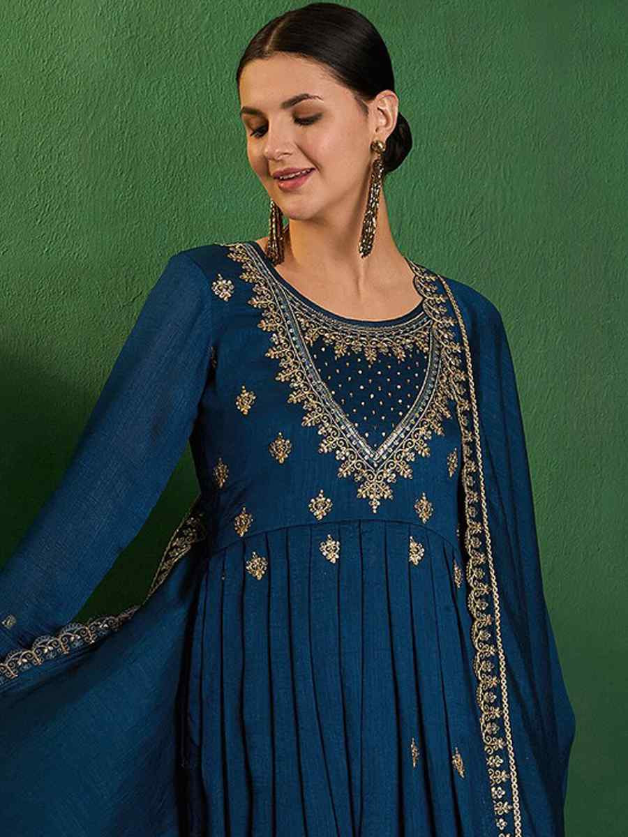 Blue Vichitra Silk Embroidered Mehendi Wedding Ready Anarkali Salwar Kameez