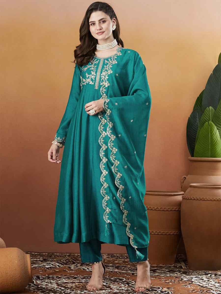 Blue Vichitra Silk Embroidery Party Wedding Festival Casual Ready Anarkali Pant Salwar Kameez