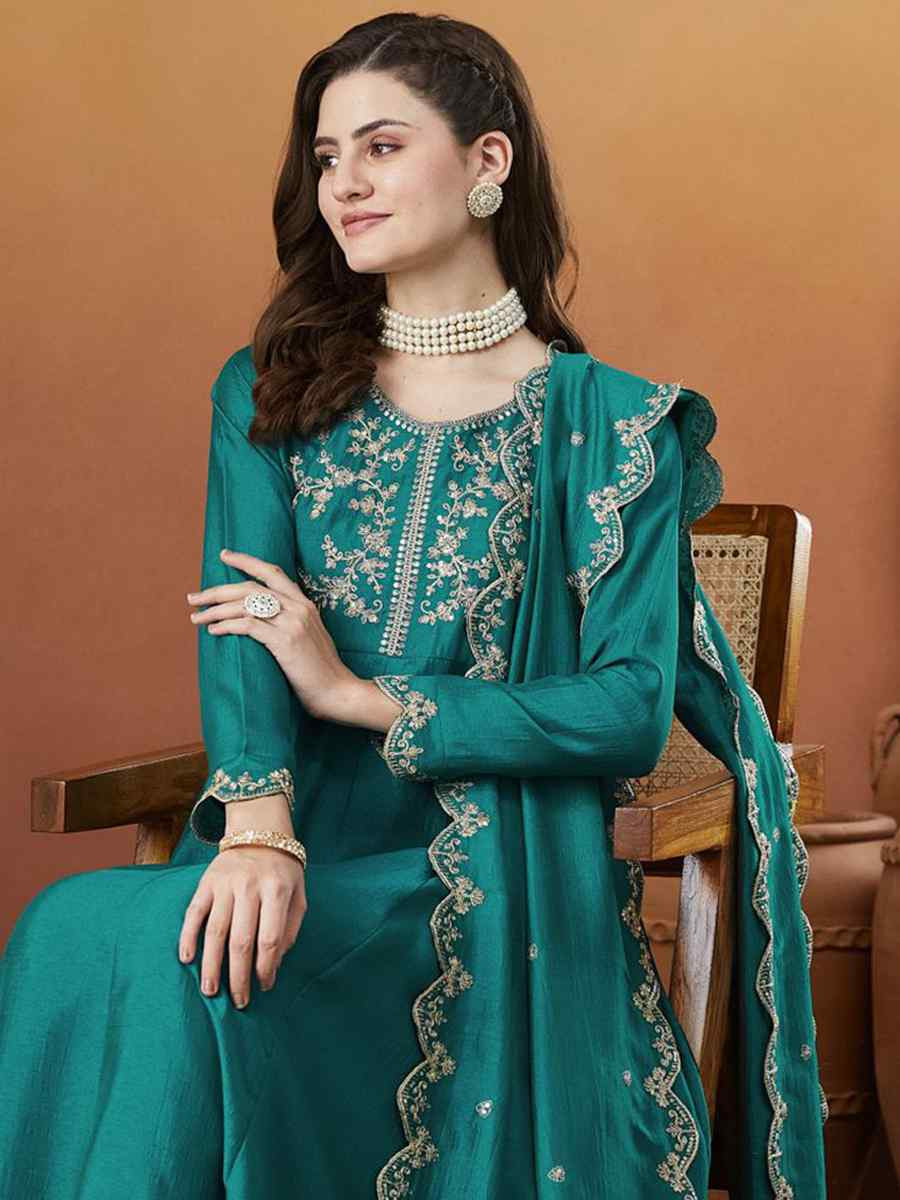 Blue Vichitra Silk Embroidery Party Wedding Festival Casual Ready Anarkali Pant Salwar Kameez