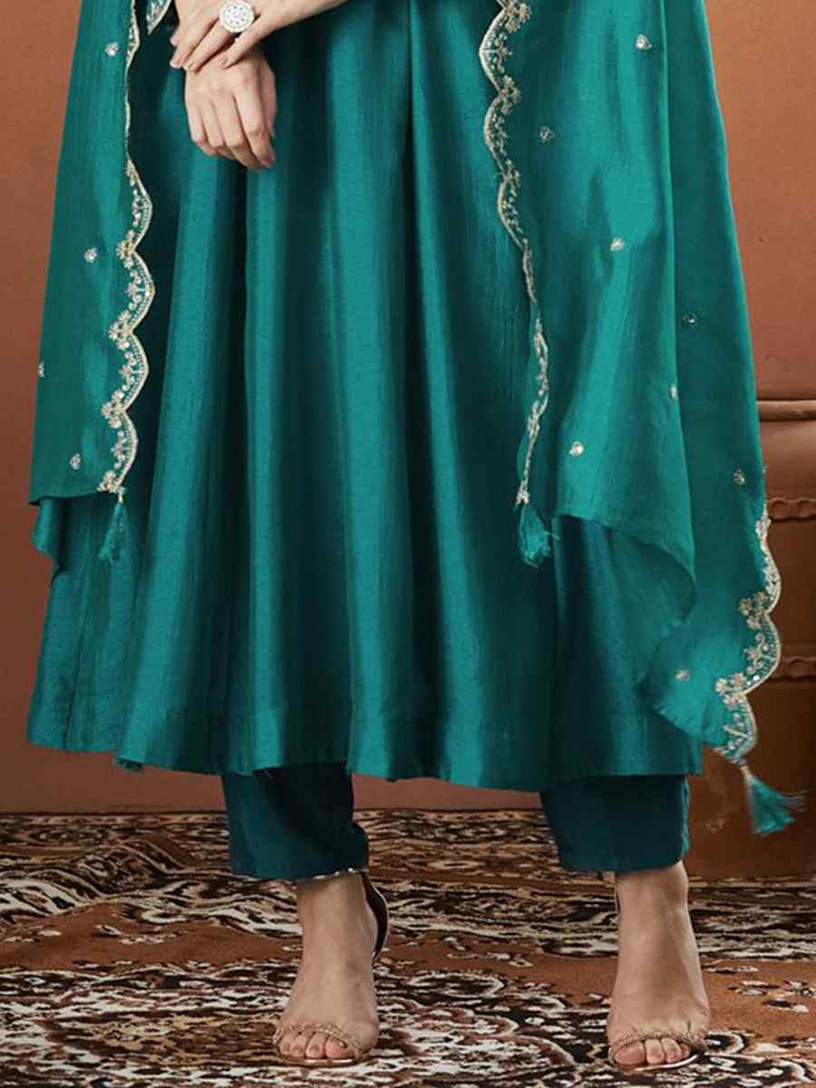 Blue Vichitra Silk Embroidery Party Wedding Festival Casual Ready Anarkali Pant Salwar Kameez