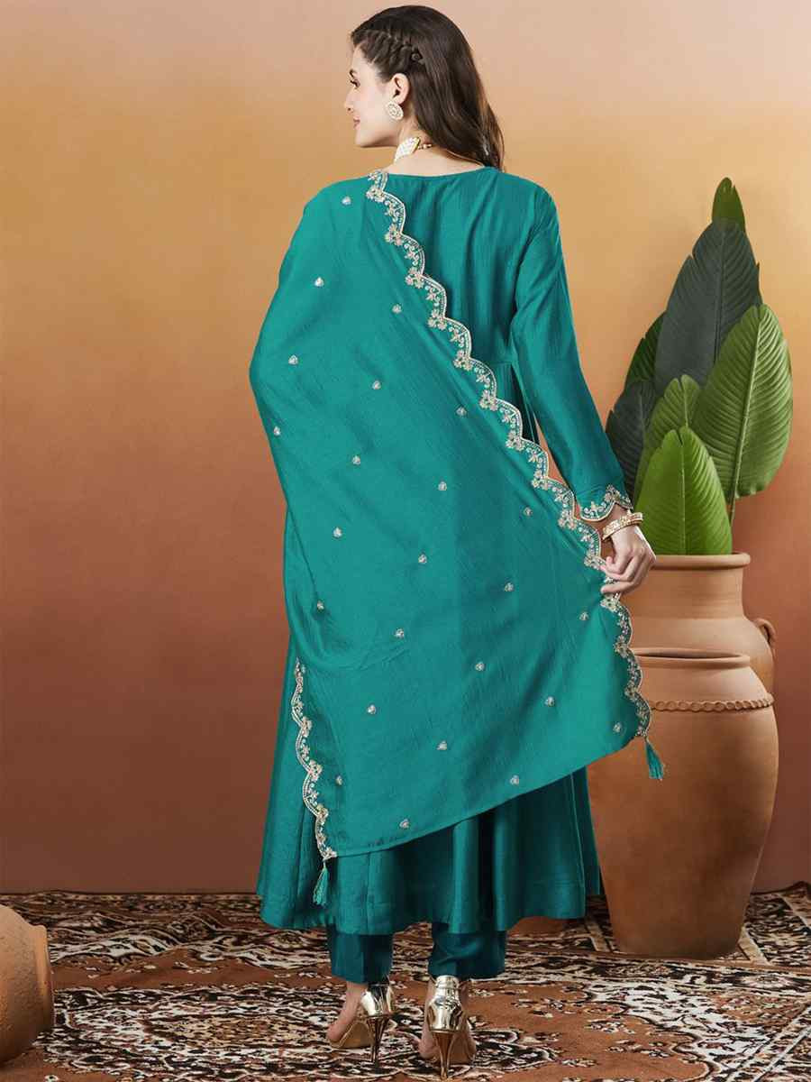 Blue Vichitra Silk Embroidery Party Wedding Festival Casual Ready Anarkali Pant Salwar Kameez