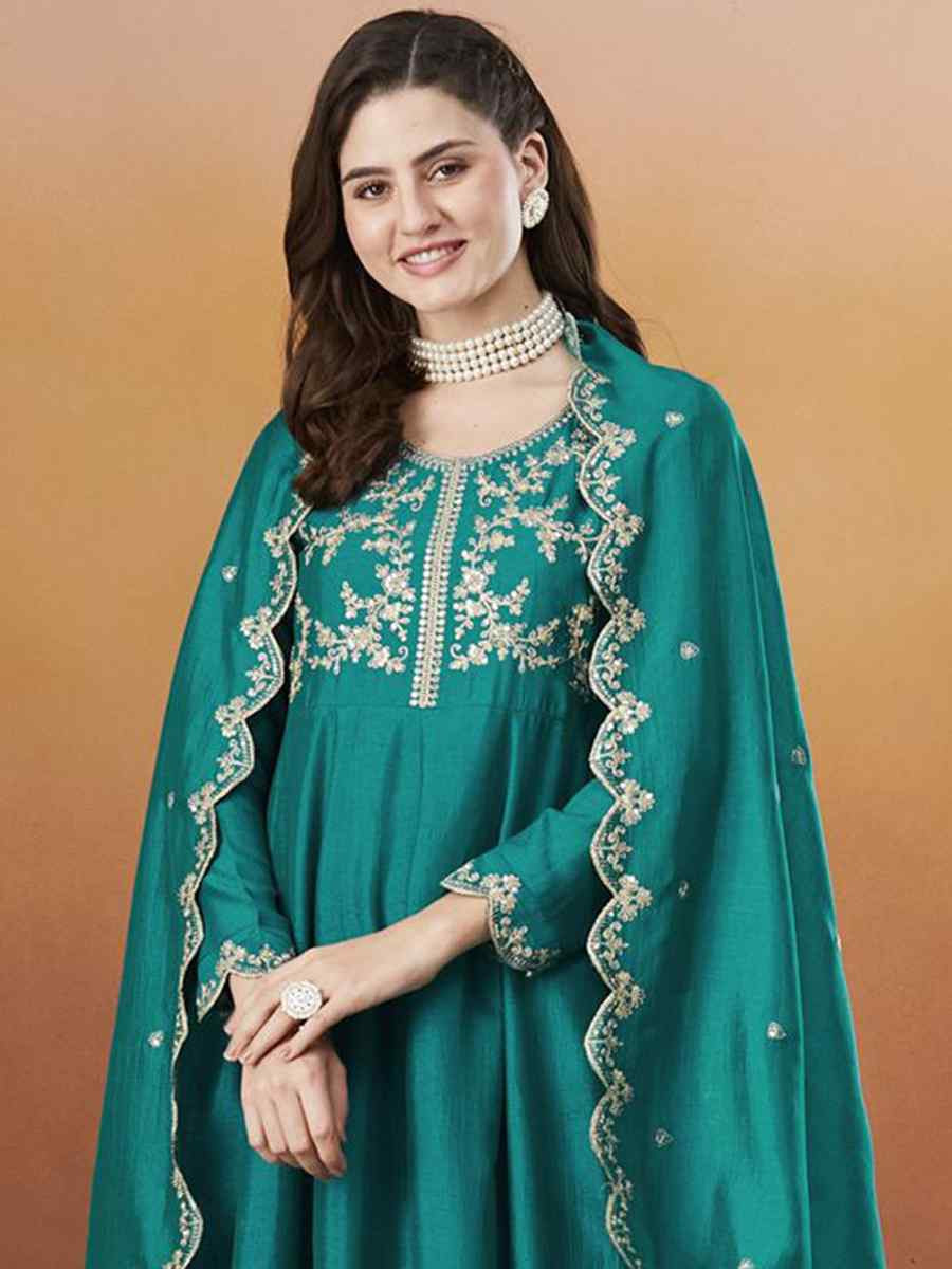 Blue Vichitra Silk Embroidery Party Wedding Festival Casual Ready Anarkali Pant Salwar Kameez