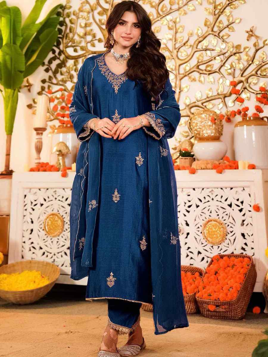 Blue Vichitra Silk Embroidery Party Wedding Festival Casual Ready Pant Salwar Kameez
